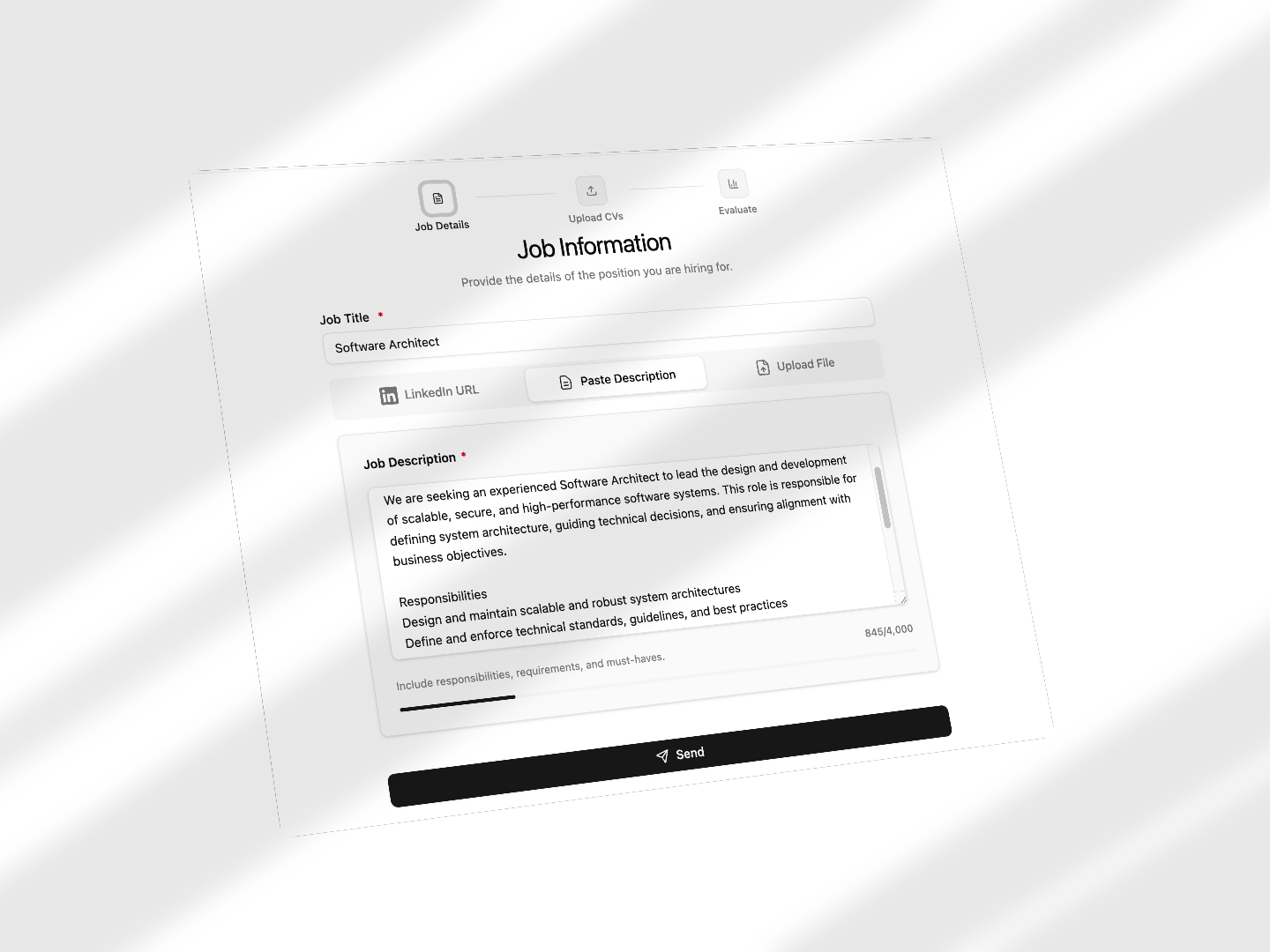 Job description step: full role context, not keyword-only matching