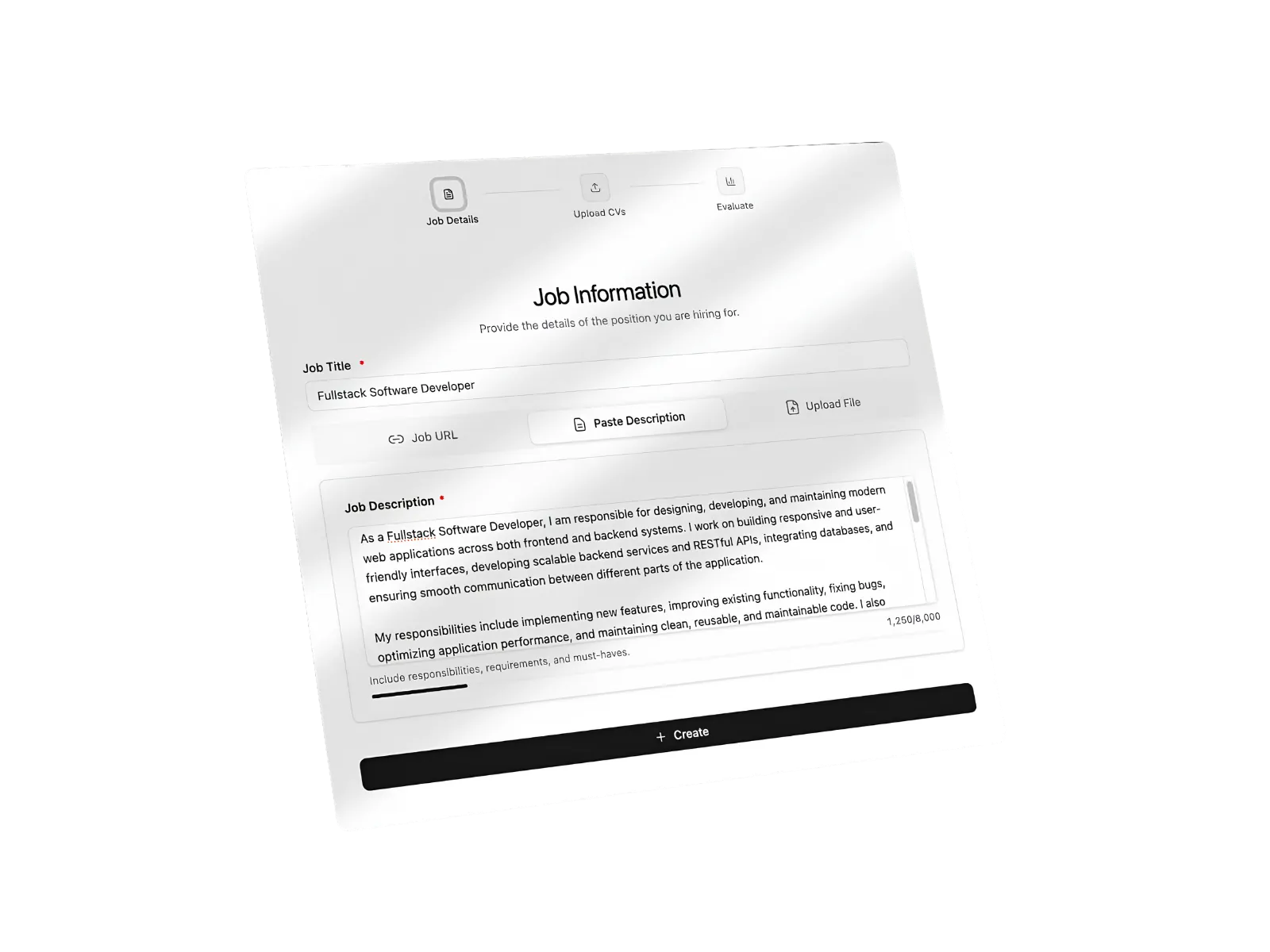 Job description step: full role context, not keyword-only matching